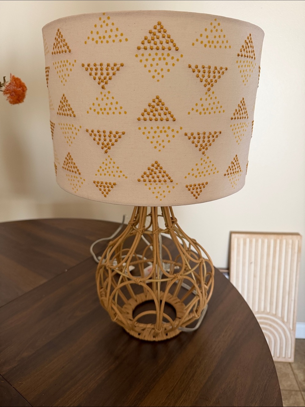 Opalhouse Handwoven Rattan Table Lamp with Beige & Gold Patterned Shade